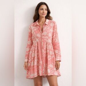 LIVRO Pink Cotton Long Sleeve Collared Mini Shirt Dress Size XL